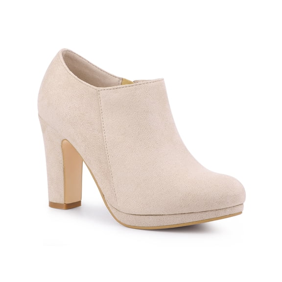 BLISSFUL STEP Round Toe Platform Block Heels Ankle Booties for Women Beige 7