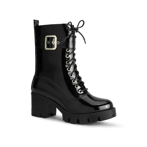 BLISSFUL STEP Round Toe Platform Chunky Heel Combat Boots for Women Black (Size 10)