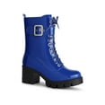thumbnail image 1 of BLISSFUL STEP Round Toe Platform Chunky Heel Combat Boots for Women Blue (Size 10), 1 of 6