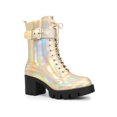 thumbnail image 1 of Perphy Round Toe Platform Chunky Heel Combat Boots for Women Gold (Size 8.5), 1 of 6