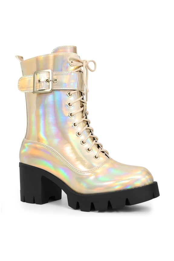 Round Toe Platform Chunky Heel Combat Boots for Women Gold (Size 8.5)