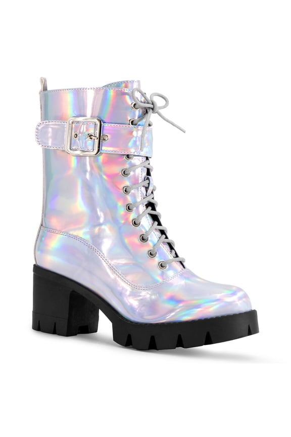 Round Toe Platform Chunky Heel Combat Boots for Women Silver (Size 7)
