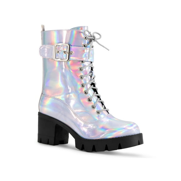 BLISSFUL STEP Round Toe Platform Chunky Heel Combat Boots for Women Silver (Size 8.5)