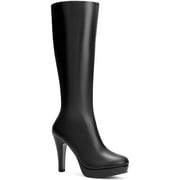 BLISSFUL STEP Women's Boots Round Toe Platform Chunky Heel Knee High Side Zipper Boots Black 7