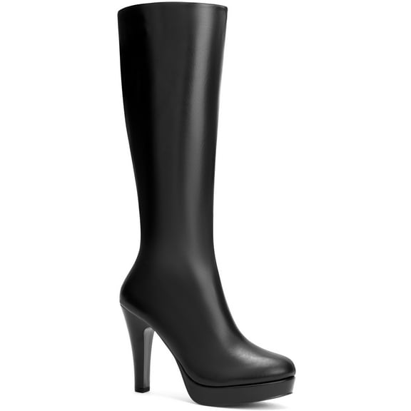 BLISSFUL STEP Women's Boots Round Toe Platform Chunky Heel Knee High Side Zipper Boots  Black 7