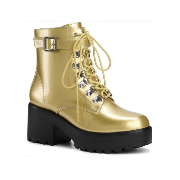 BLISSFUL STEP Round Toe Platform Chunky Heels Combat Boots for Women