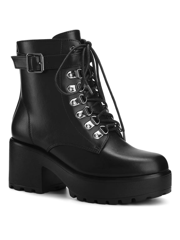 Round Toe Platform Chunky Heels Combat Boots for Women