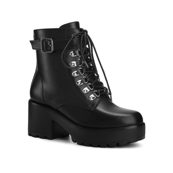 BLISSFUL STEP Round Toe Platform Chunky Heels Combat Boots for Women