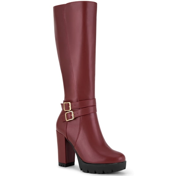 BLISSFUL STEP Women's Ankle Boots Faux Leather Knee High Buckle Chunky Heel Zip Up Boots Burgundy 8