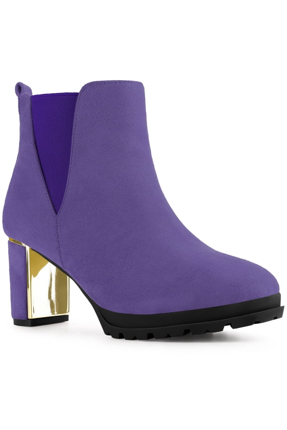 Round Toe Platform Mirror Heeled Block Heels Boots for Women Purple 8