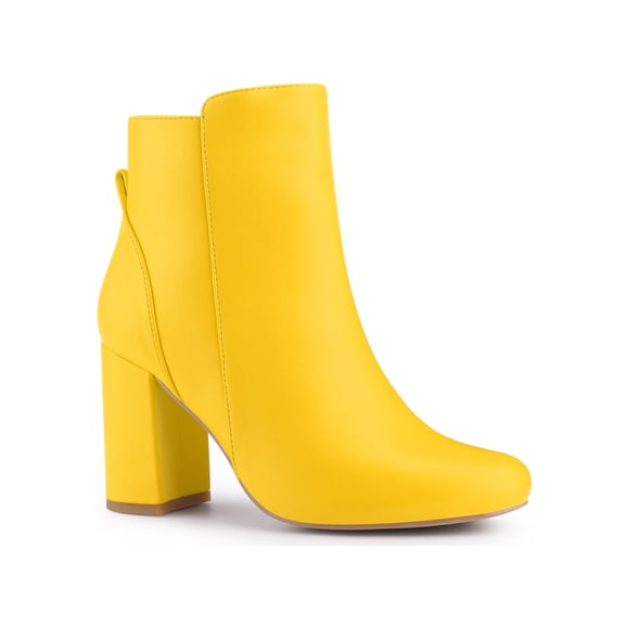 BLISSFUL STEP WOmen's Ankle Boots Chunky Heel Round Toe Side Zipper Faux Leather Boots Yellow 9