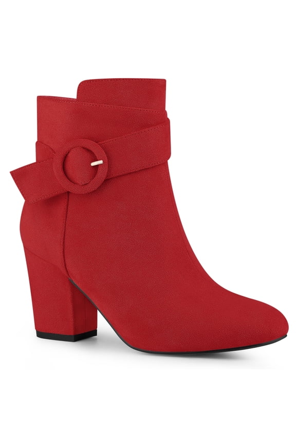 Round Toe Side Zip Buckle Block Heel Ankle Boots For Women Red 8