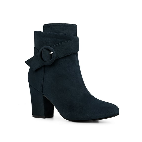 BLISSFUL STEP Round Toe Side Zip Buckle Block Heel Ankle Boots For Women Navy Blue 7