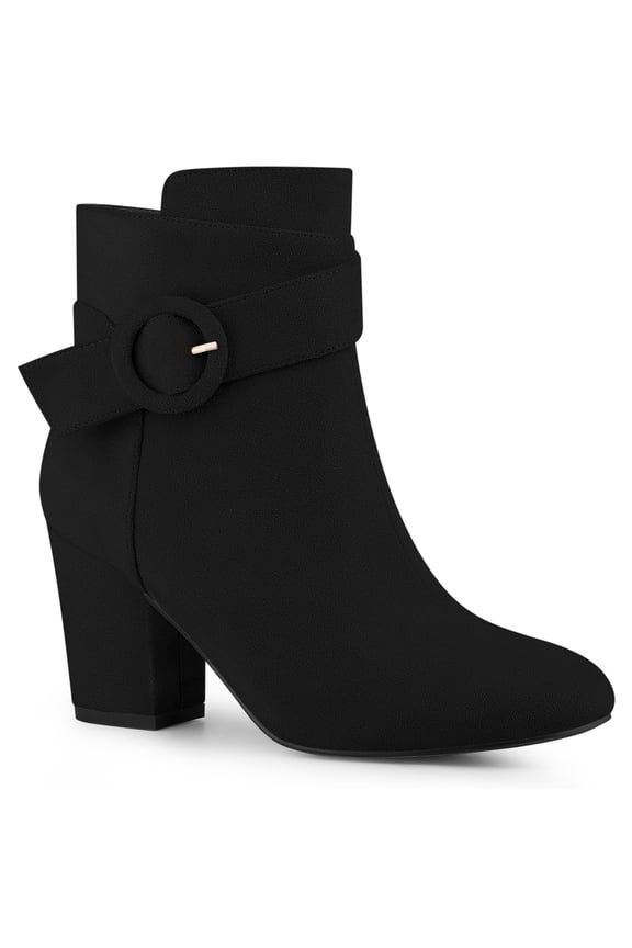 Round Toe Side Zip Buckle Block Heel Ankle Boots For Women Black 8