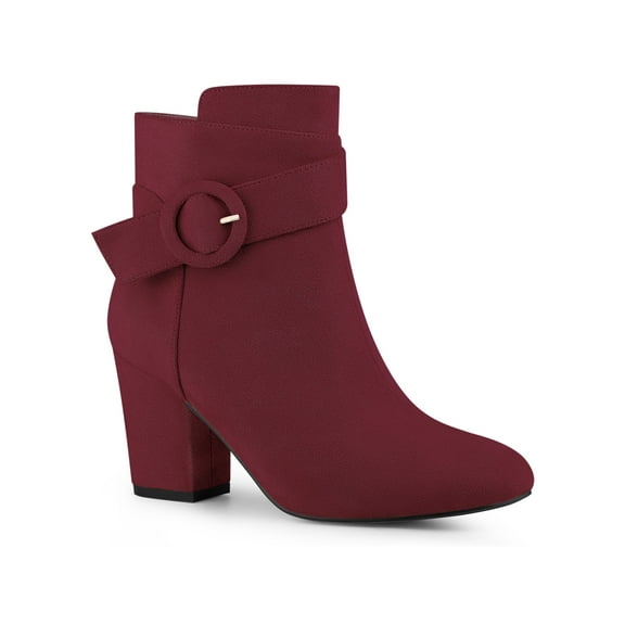 BLISSFUL STEP Round Toe Side Zip Buckle Block Heel Ankle Boots For Women Burgundy 7