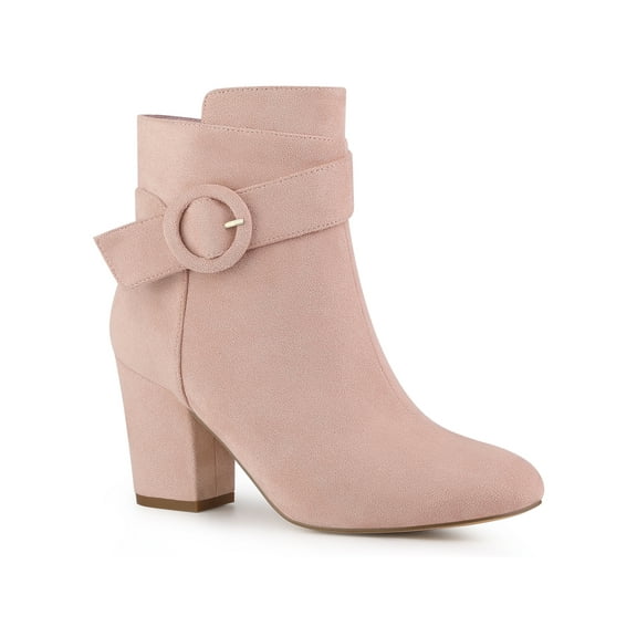 BLISSFUL STEP Round Toe Side Zip Buckle Block Heel Ankle Boots For Women Dust Pink 8