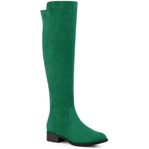 BLISSFUL STEP Women's Boots Faux Suede Knee High Chunky Heel Round Toe Zipper Boots Emerald Green 7