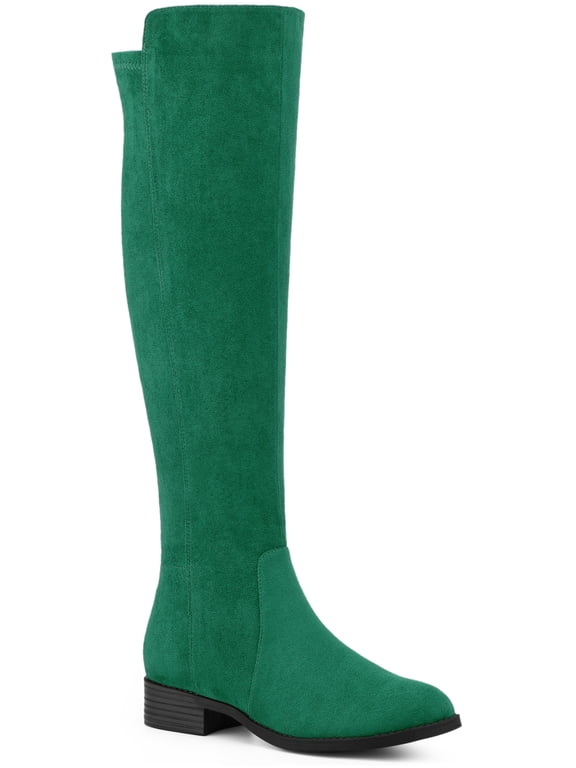 Women's Boots Faux Suede Knee High Chunky Heel Round Toe Zipper Boots Emerald Green 9