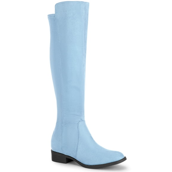 BLISSFUL STEP Women's Boots Faux Suede Knee High Chunky Heel Round Toe Zipper Boots Sky Blue 6