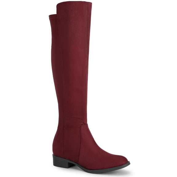 BLISSFUL STEP Women's Boots Faux Suede Knee High Chunky Heel Round Toe Zipper Boots Burgundy 8