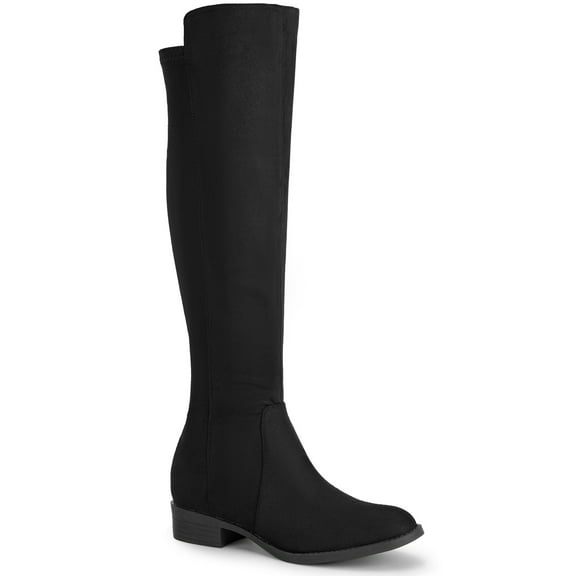 BLISSFUL STEP Women's Boots Faux Suede Knee High Chunky Heel Round Toe Zipper Boots Black 8