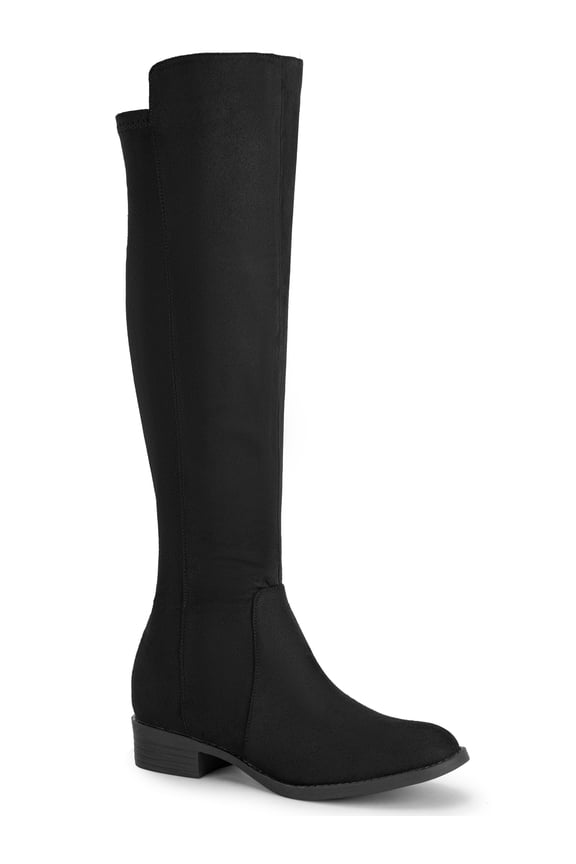 Women's Boots Faux Suede Knee High Chunky Heel Round Toe Zipper Boots Black 8