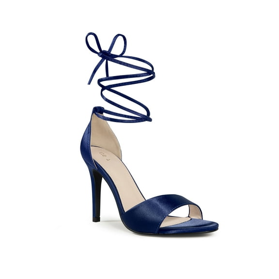 BLISSFUL STEP Satin Lace Up Stiletto Heeled Sandals for Women Dark Blue 8.5
