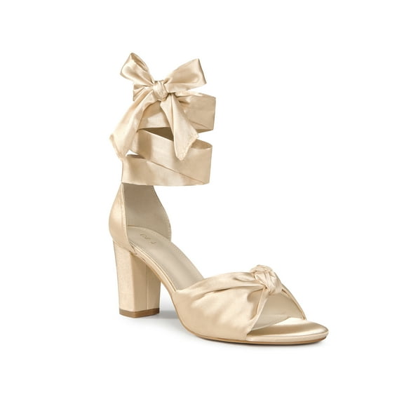 BLISSFUL STEP Satin Open Toe Lace Up Block Heels Sandals for Women Champagne 9