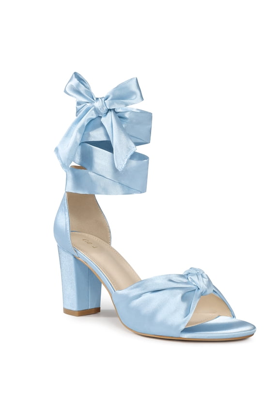 Satin Open Toe Lace Up Block Heels Sandals for Women Light Blue 7.5