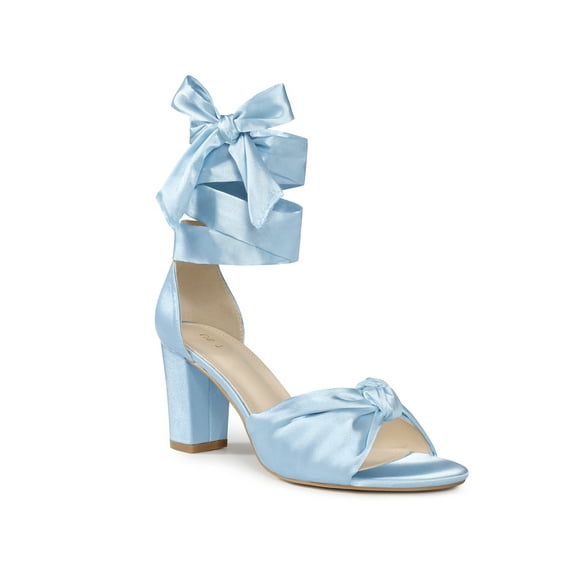 BLISSFUL STEP Satin Open Toe Lace Up Block Heels Sandals for Women Light Blue 9