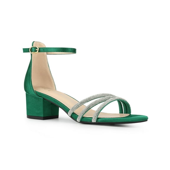 BLISSFUL STEP Satin Rhiness Open Toe Block Heel Sandals for Women Dark Green (Size 6)