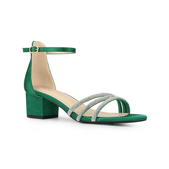 BLISSFUL STEP Satin Rhiness Open Toe Block Heel Sandals for Women Dark Green (Size 9)