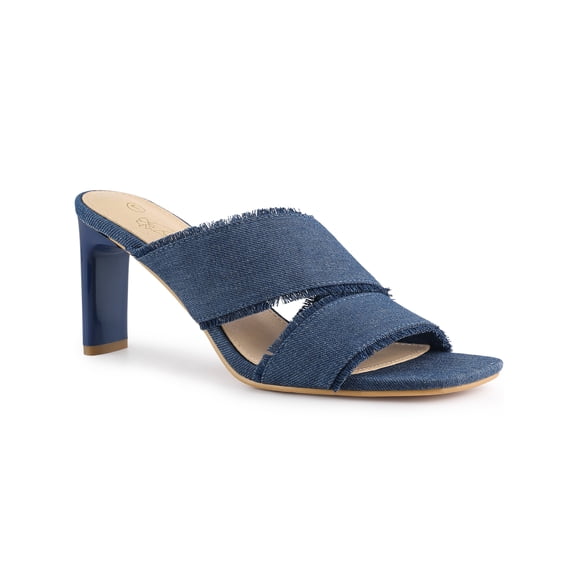 BLISSFUL STEP Slide Heels Mules Block Heel Sandals for Women Blue 8
