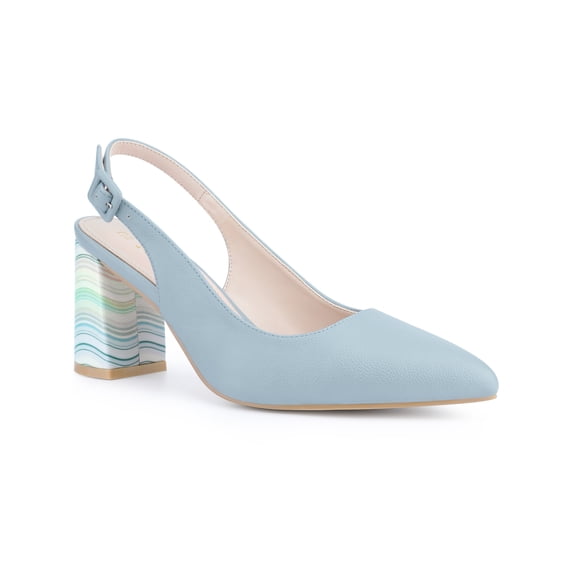 BLISSFUL STEP Slingback Strap Pointed Toe Sandals Colorful Chunky Heel Pumps for Women Haze Blue 8.5
