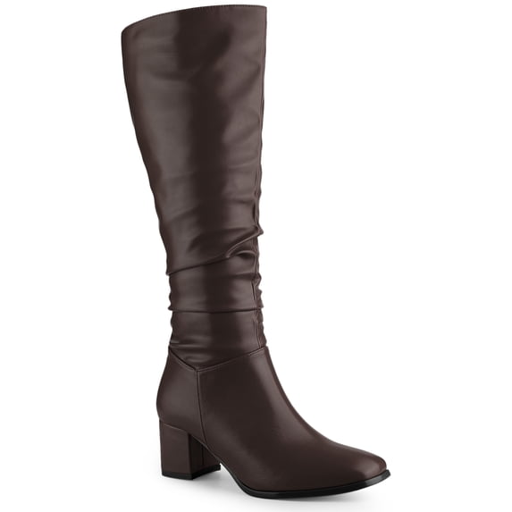 BLISSFUL STEP Women's Knee High Boots Square Toe Slouch Chunky Heel Brown 6.5