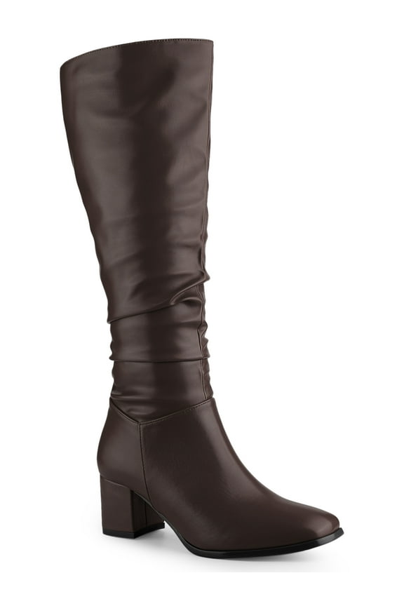 Women's Knee High Boots Square Toe Slouch Chunky Heel Brown 9.5