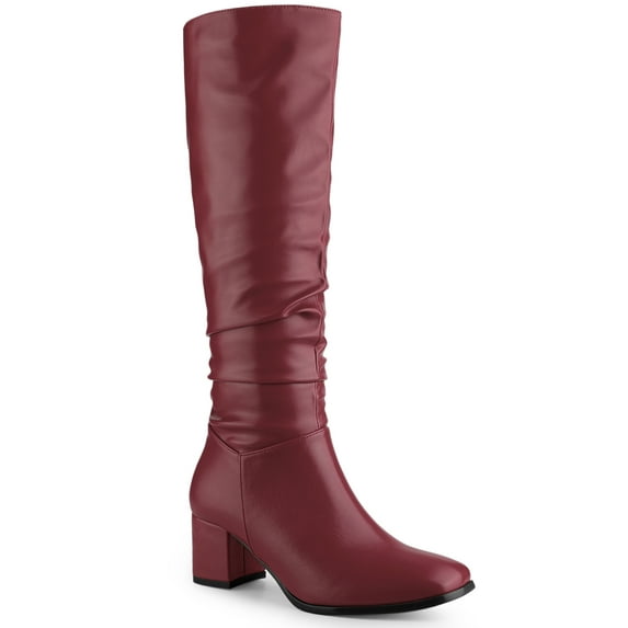 BLISSFUL STEP Women's Knee High Boots Square Toe Slouch Chunky Heel Burgundy 7