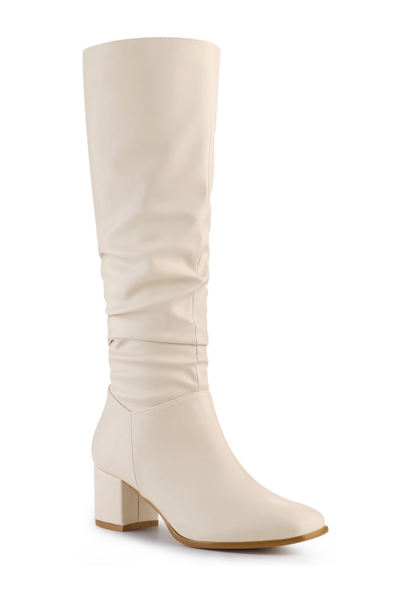 Women's Knee High Boots Square Toe Slouch Chunky Heel Cream 7