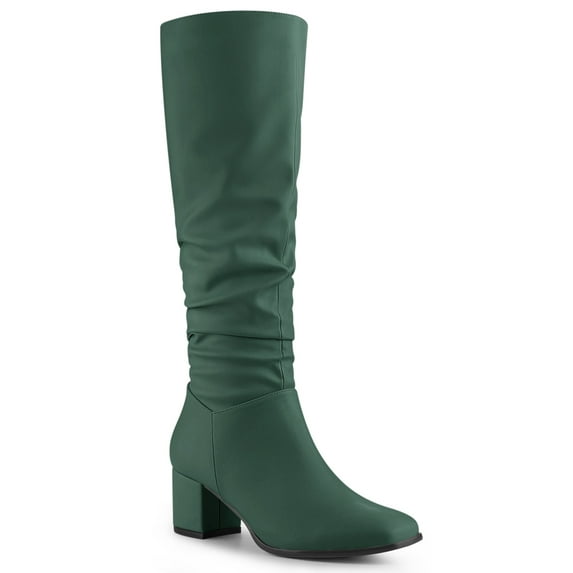 BLISSFUL STEP Women's Knee High Boots Square Toe Slouch Chunky Heel Dark Green 6.5