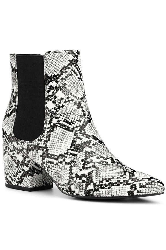 Women' s Ankle Boots Snake Print Chunky Heel Pointed Toe Pull On Boots Black White 6.5