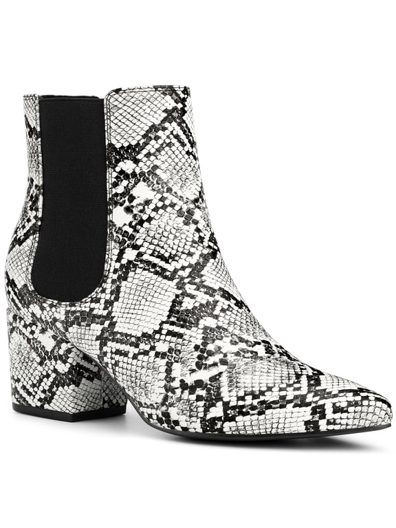 Women' s Ankle Boots Snake Print Chunky Heel Pointed Toe Pull On Boots Black White 6.5