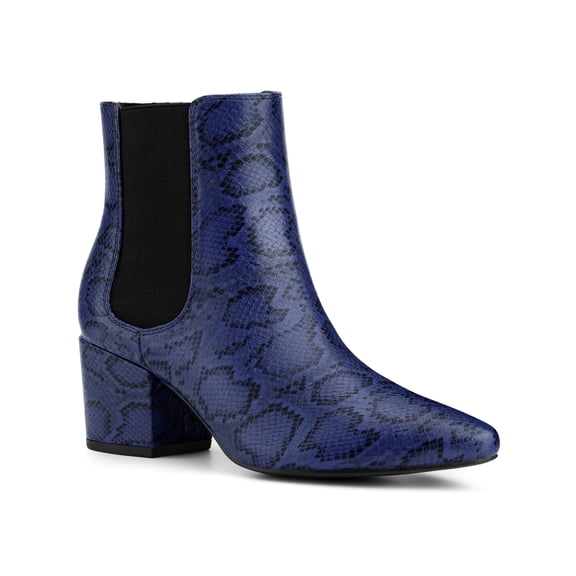 BLISSFUL STEP Women' s Ankle Boots Snake Print Chunky Heel Pointed Toe Pull On Boots Royal Blue 5.5