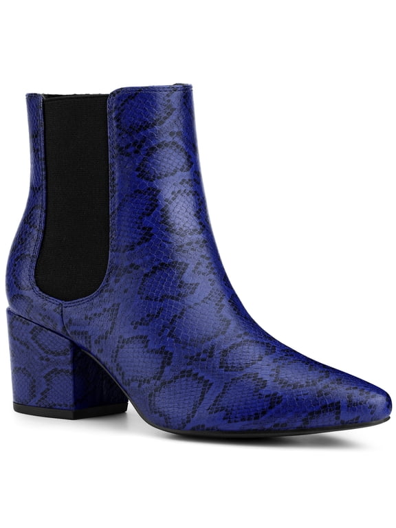 Women' s Ankle Boots Snake Print Chunky Heel Pointed Toe Pull On Boots Royal Blue 6.5