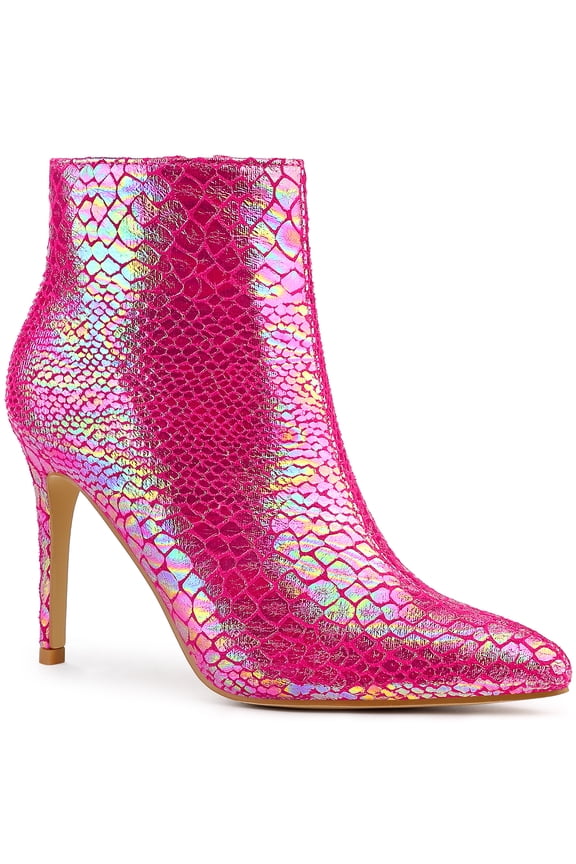 Snake Printed Pointed Toe Stiletto Heel Ankle Boots for Women Hot Pink 8