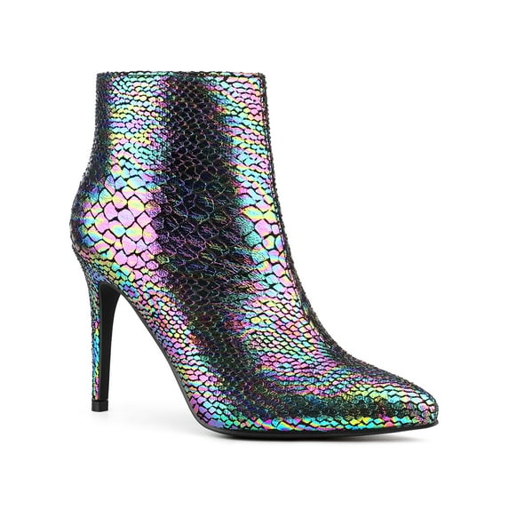 BLISSFUL STEP Snake Printed Pointed Toe Stiletto Heel Ankle Boots for Women Black 9