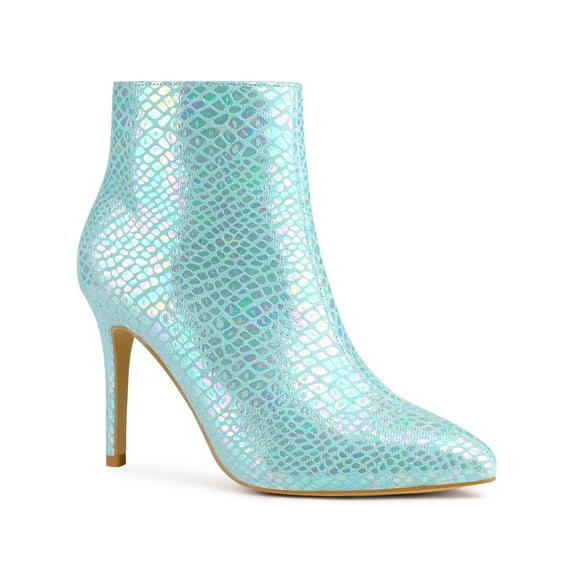 BLISSFUL STEP Snake Printed Pointed Toe Stiletto Heel Ankle Boots for Women Light Blue 6