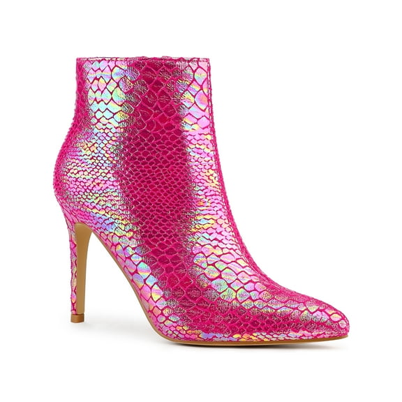 BLISSFUL STEP Snake Printed Pointed Toe Stiletto Heel Ankle Boots for Women Hot Pink 7