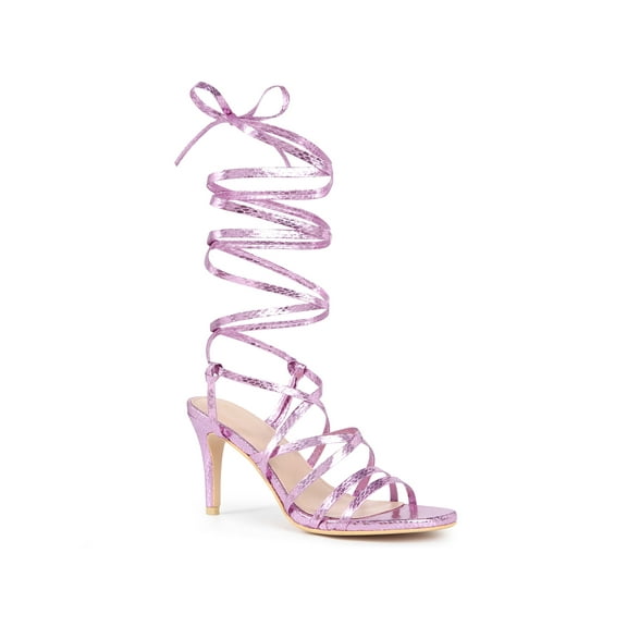 Perphy Snakeskin Print Strappy Lace Up Stiletto Heel Sandals for Women Purple (Size 9)