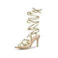 thumbnail image 1 of BLISSFUL STEP Snakeskin Print Strappy Lace Up Stiletto Heel Sandals for Women Gold (Size 6.5), 1 of 6