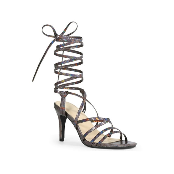 BLISSFUL STEP Snakeskin Print Strappy Lace Up Stiletto Heel Sandals for Women Gunmetal (Size 9.5)